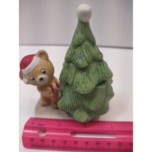 Vintage Ceramic Christmas Bear & Tree Candle Holder Santa Holiday Decor Figurine